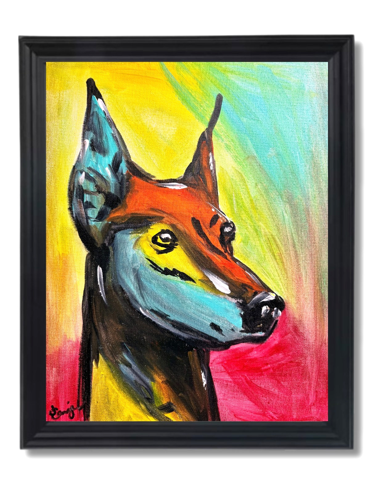 Guajardo Art: Original 14x11 Expressionist Colorful Doberman Painting Canvas