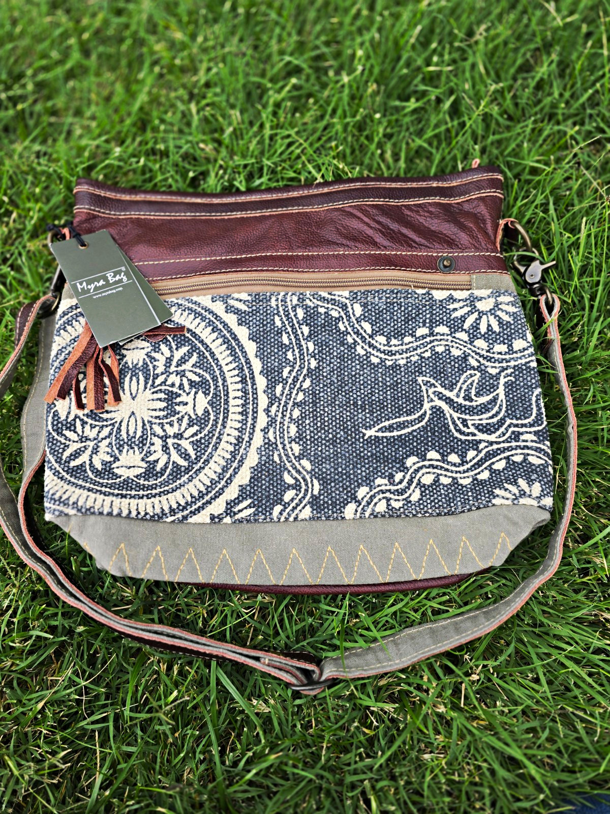 Myra Bag Blue Cream Floral Crossbody Handbag Zip Top Fringe Detach Strap Pockets