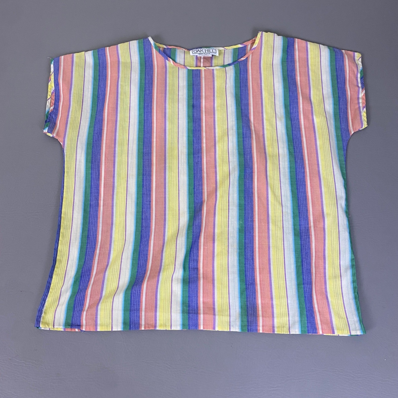 Vintage Pastel Top Rainbow Stripe Women\'s L Short Sleeve Boxy Made USA Oak Hill