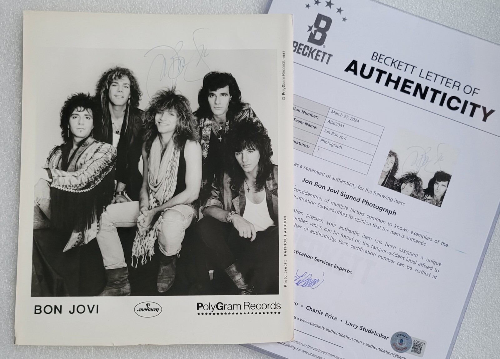 JON BON JOVI BAS BECKETT LOA PHOTO SIGNED AUTOGRAPHED FULL LETTER COA 8X10 RARE