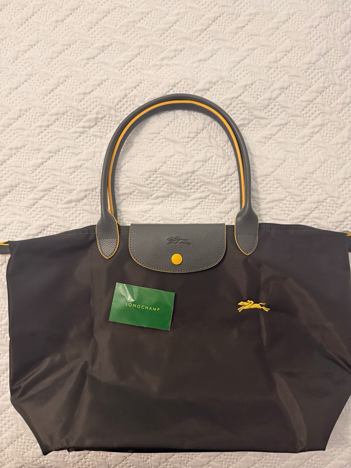 Longchamp Le Pliage Black Tote Top Handle Leather Strap Snap Closure Logo Card
