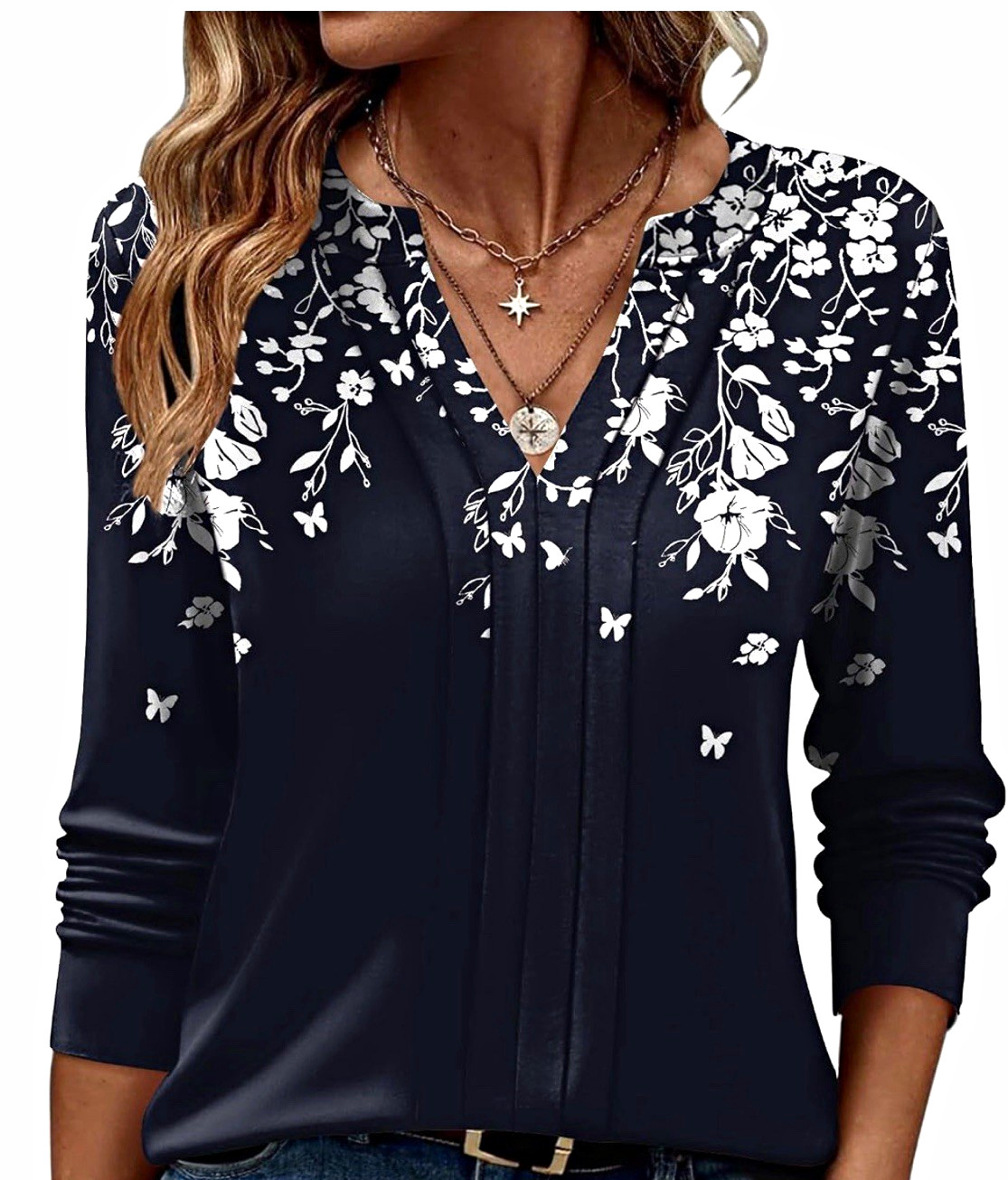 Women’s Navy White Floral Chiffon Pleated V-Neck Pullover Blouse XL
