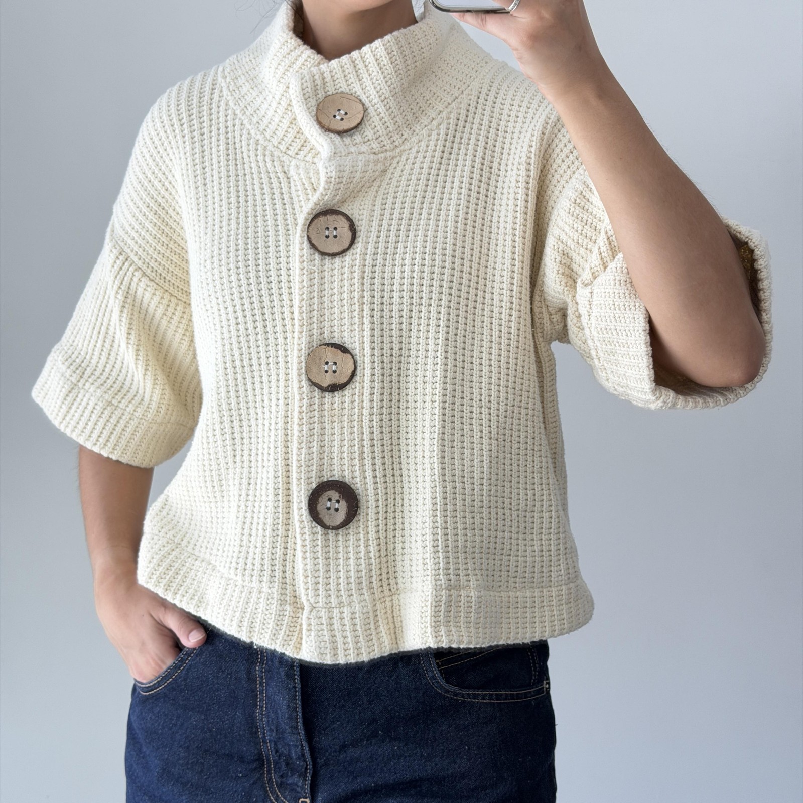 Vintage CMC Sweater Womens Medium Chunky Knit 100% Cotton Mock Neck Cardigan