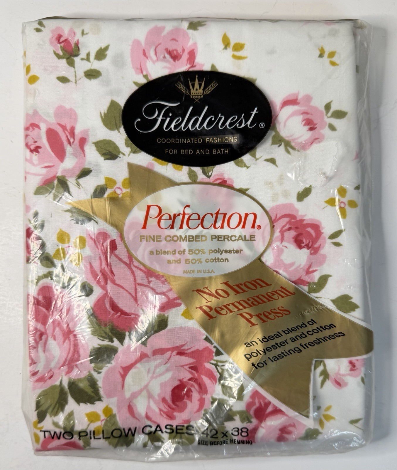 NOS Vintage FIELDCREST Perfection FLORAL ROSES Percale PILLOWCASE Set MCM 1970s