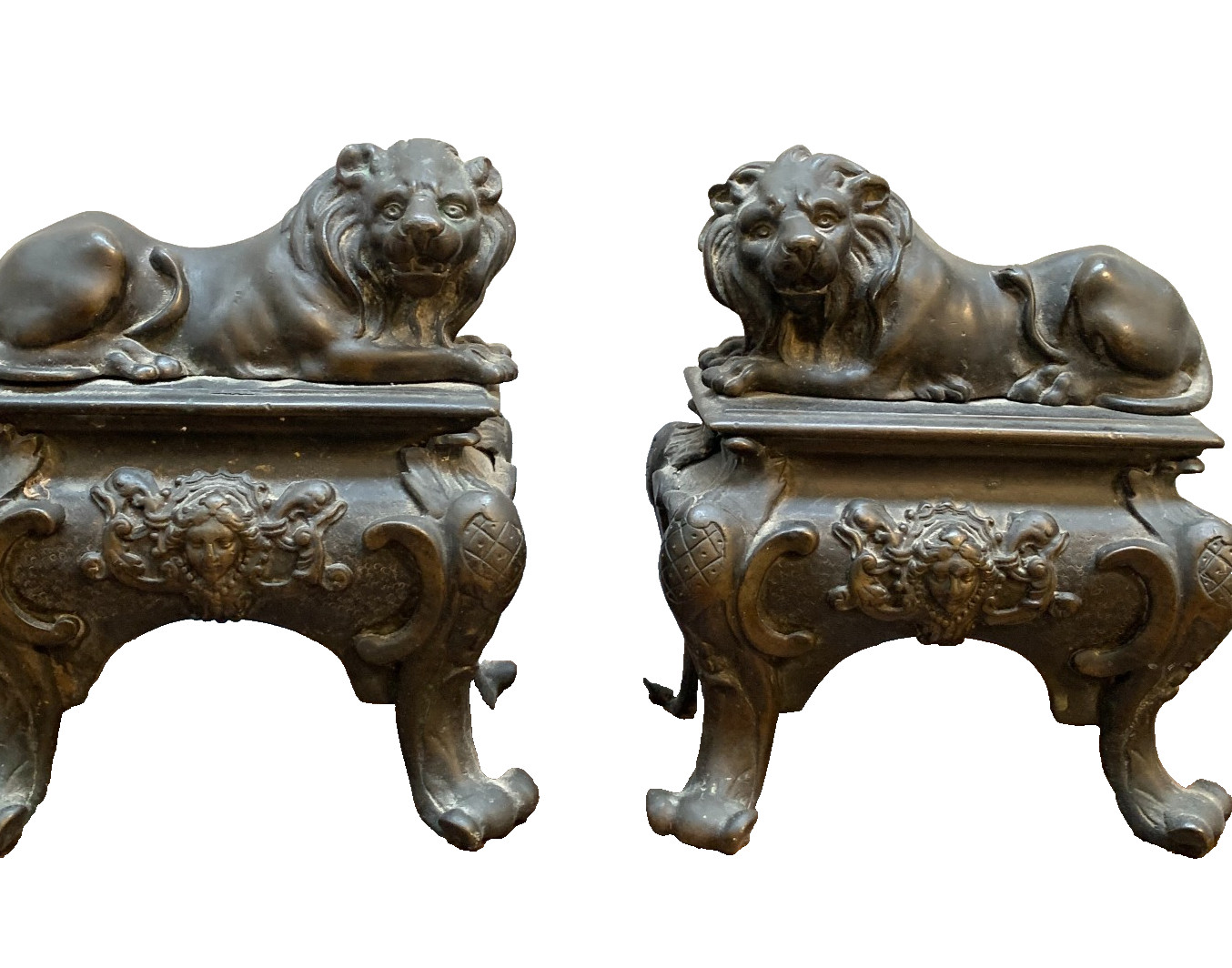 VTG Stunning Pair of Cast Iron Lion Andiron Set Chenet Laying w/Angels Claw Feet
