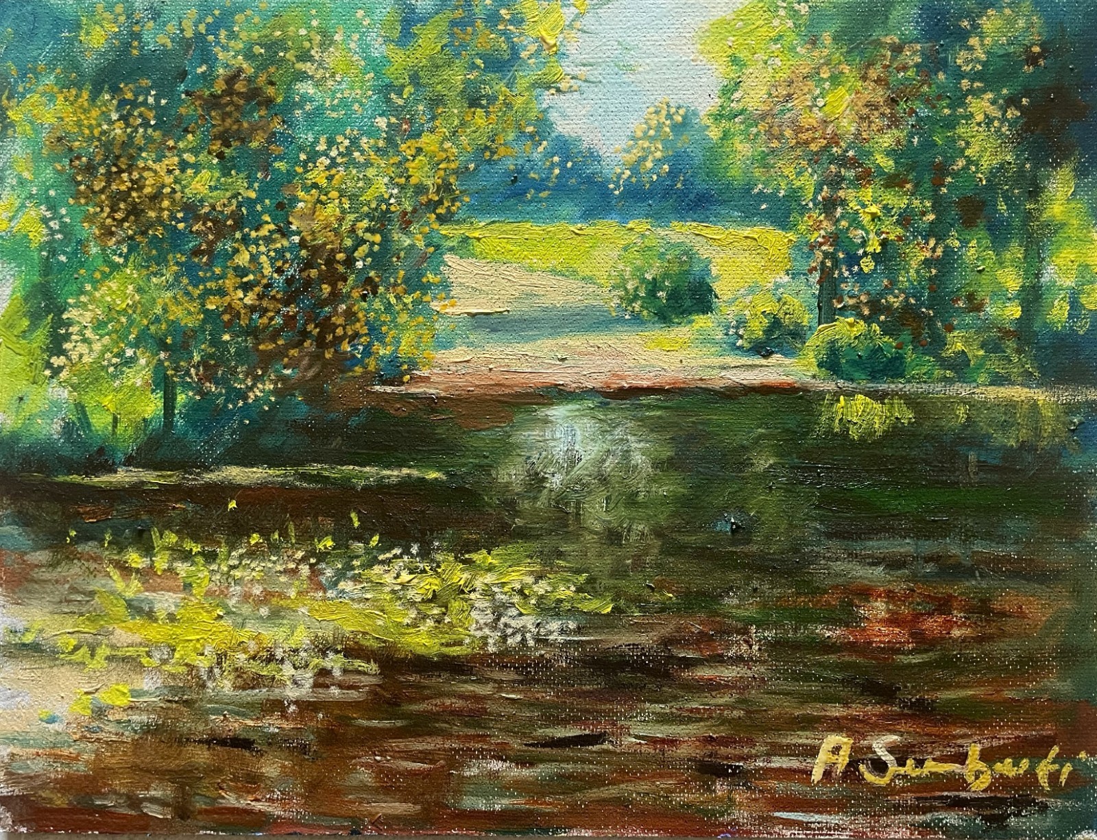 Sunlit Forest Pond Oil Painting Impressionist Landscape Original Art 12x16
