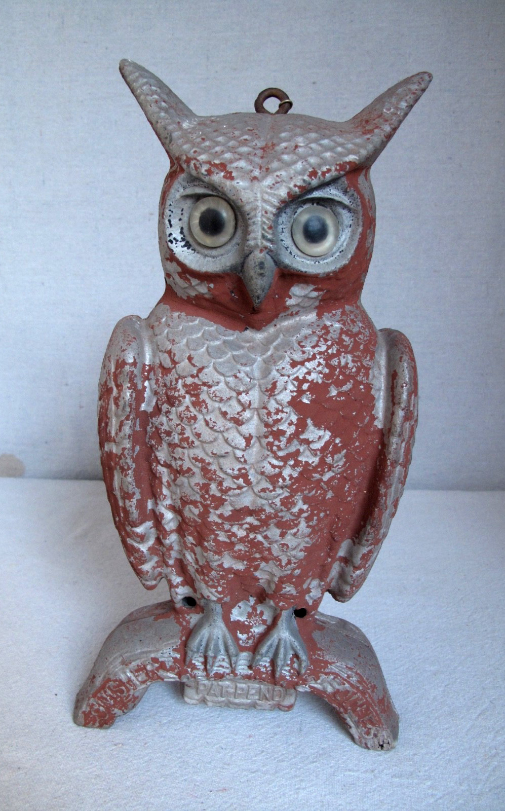 Antique Swisher & Soules Cast Metal Owl Decoy with Glass Eyes Decatur, Illinois
