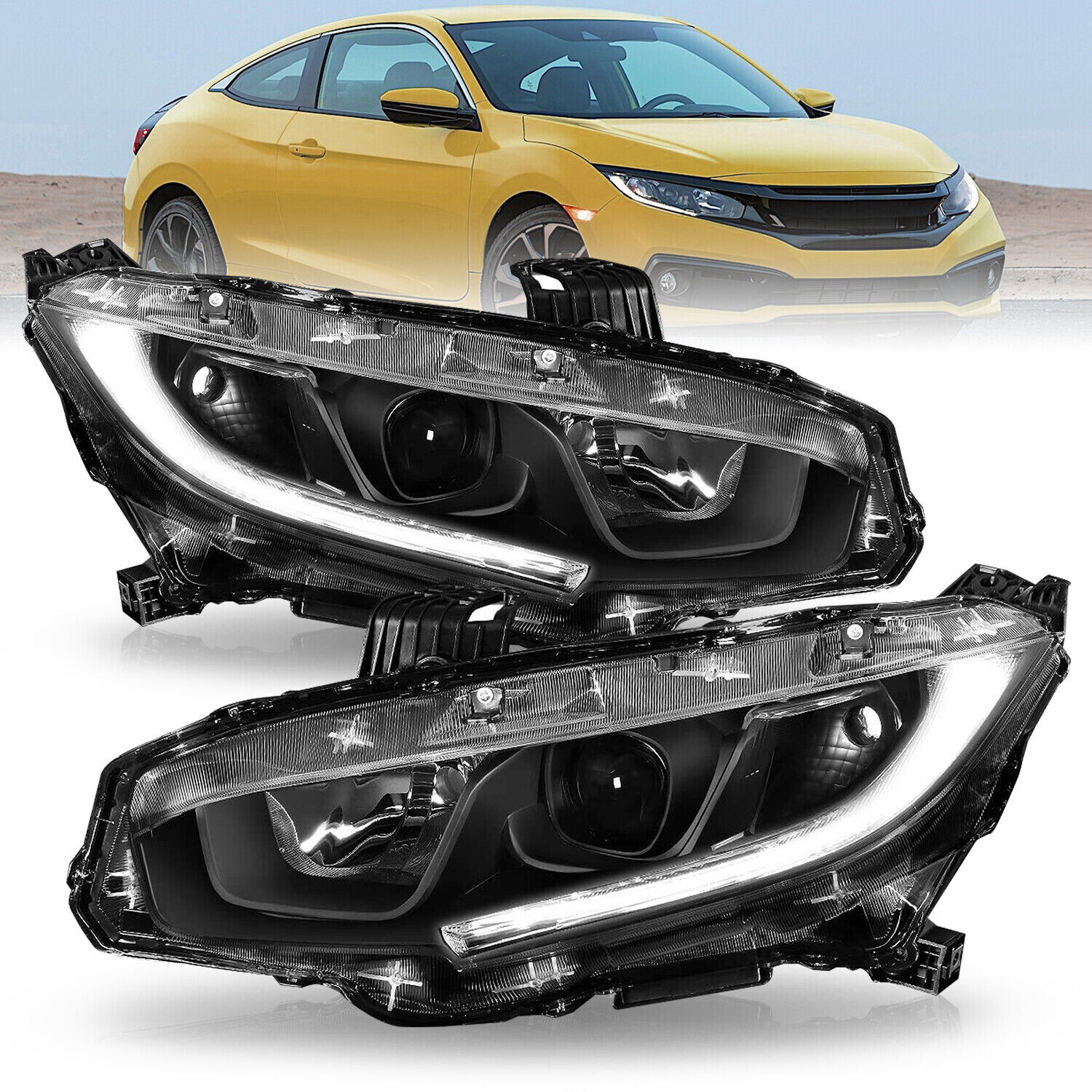 For 2016-2021 Honda Civic LED DRL Black Projector Headlights Assembly Lamps Pair For 2016-2021 Honda Civic LED DRL Black Projector Headlights Assembly Lamps Pair