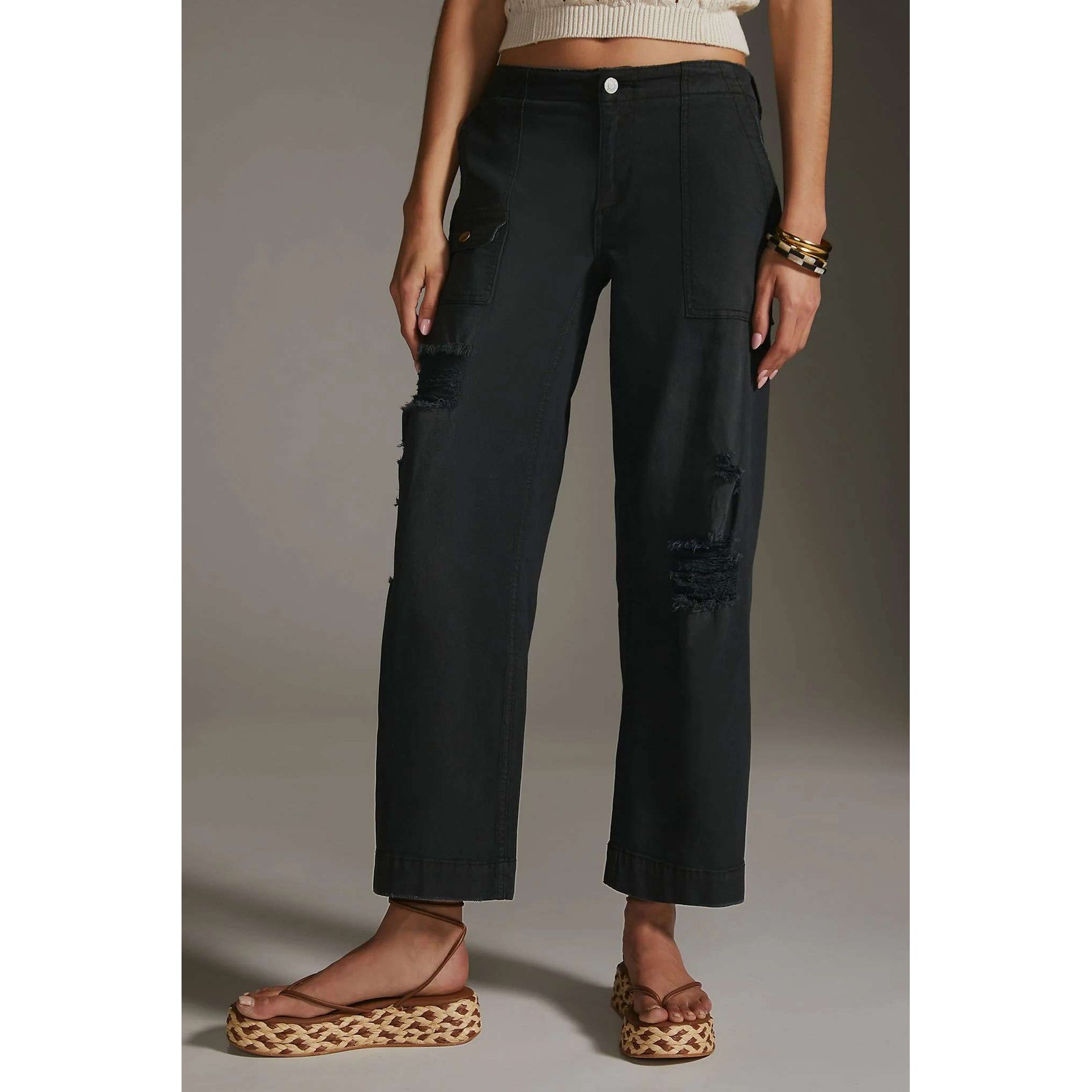 Pilcro Pants Womens Sz 28 Black Distressed Cargo Low Rise Relaxed Trousers NWT