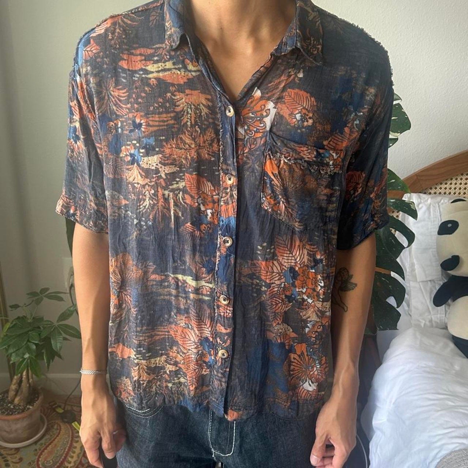 We The Free People Share Good Vibes Button Down Shirt Womens XS Navy Floral