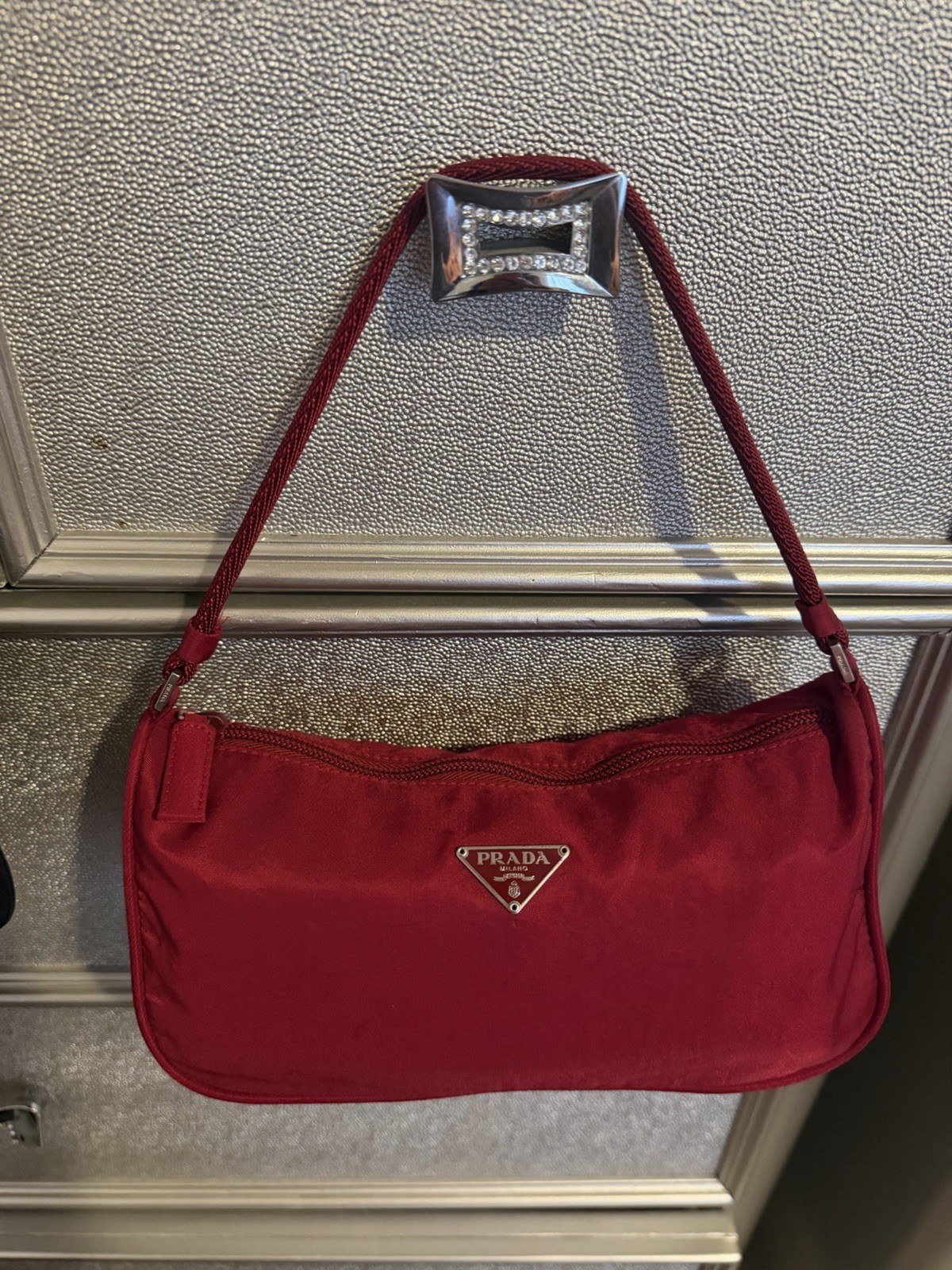 PRADA Red Small Shoulder Bag Zip Closure Logo Hardware Silver Tone Strap