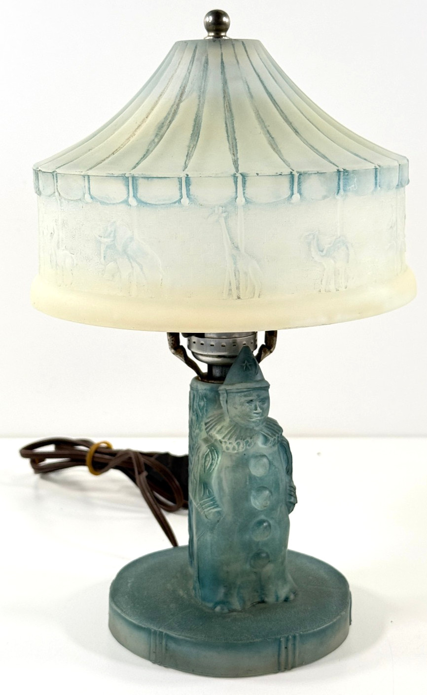 Antique L.E. LE Smith Circus Clown Sideshow blue frosted glass table lamp
