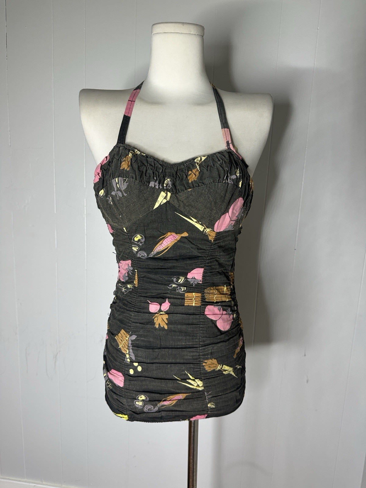 Vintage 50s Pin Up Smocked Back Vegetable Print Swimsuit  