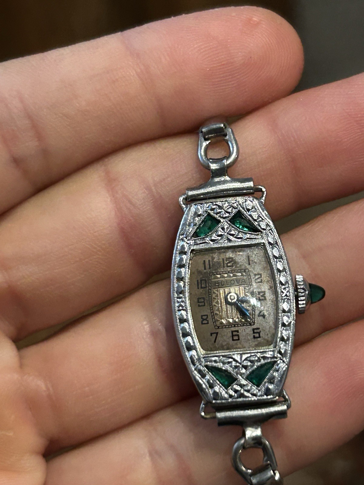 Antique 1924 Ladies Art Deco Emerald Bulova Vintage Watch 15 Jewels Working