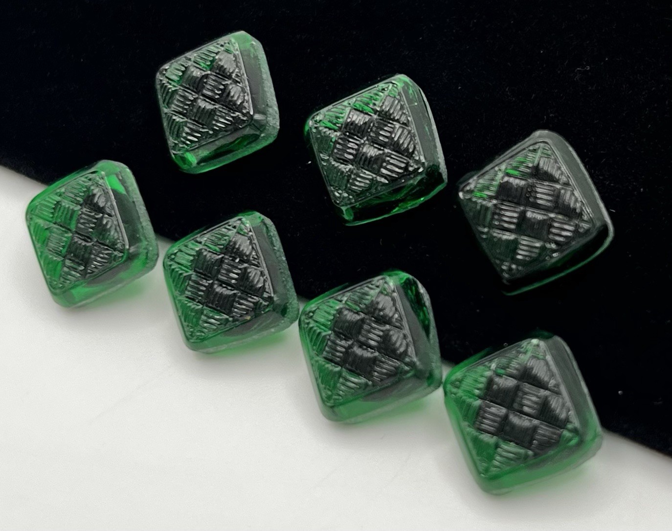 (7) NOS Dimi Green Czech Glass Shank Square Buttons VTG (7) NOS Dimi Green Czech Glass Shank Square Buttons VTG