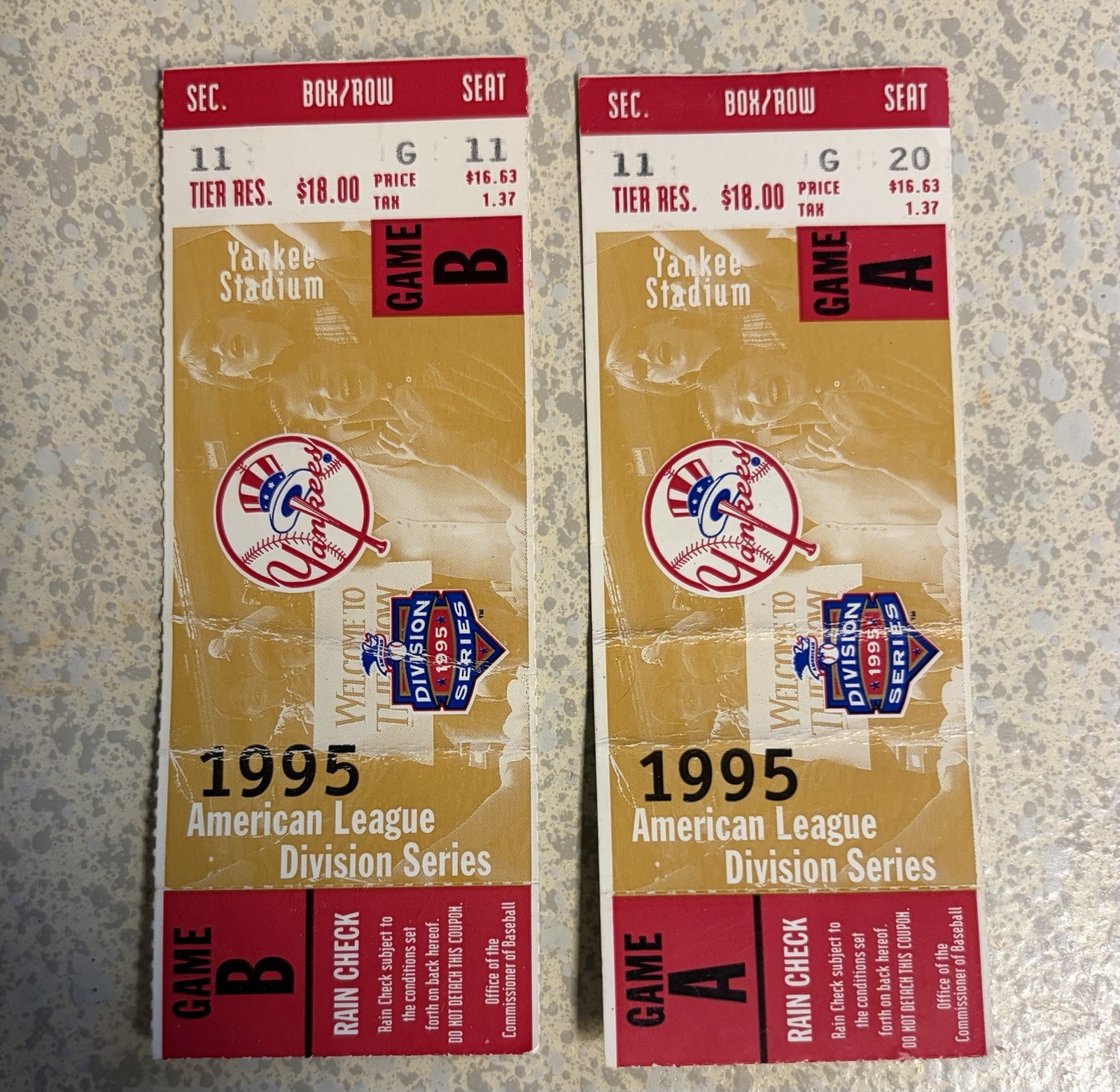1995 ALDS Yankees Ticket Stubs Game 1 & 2 Griffey Jr 2 HR Mariano Rivera Debut