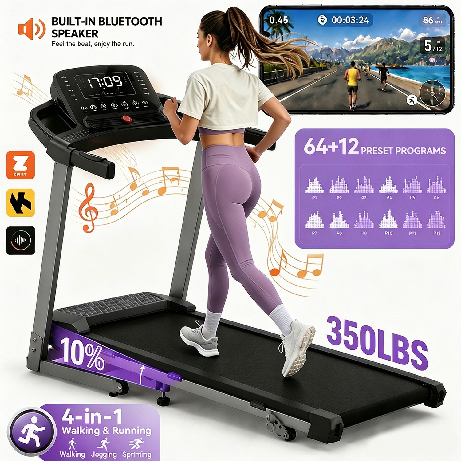 Foldable Treadmill with Incline, Treadmills for Home Walking Pad APP, Bluetooth Foldable Treadmill with Incline, Treadmills for Home Walking Pad APP, Bluetooth