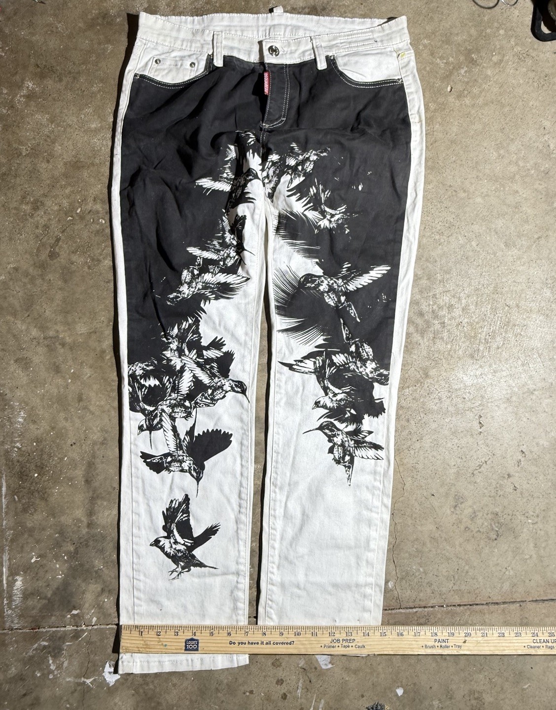 DSQUARED2 MEN’S SIZE 34 WHITE BLACK BIRD GRAPHIC PRINT JEANS DESIGNER DENIM