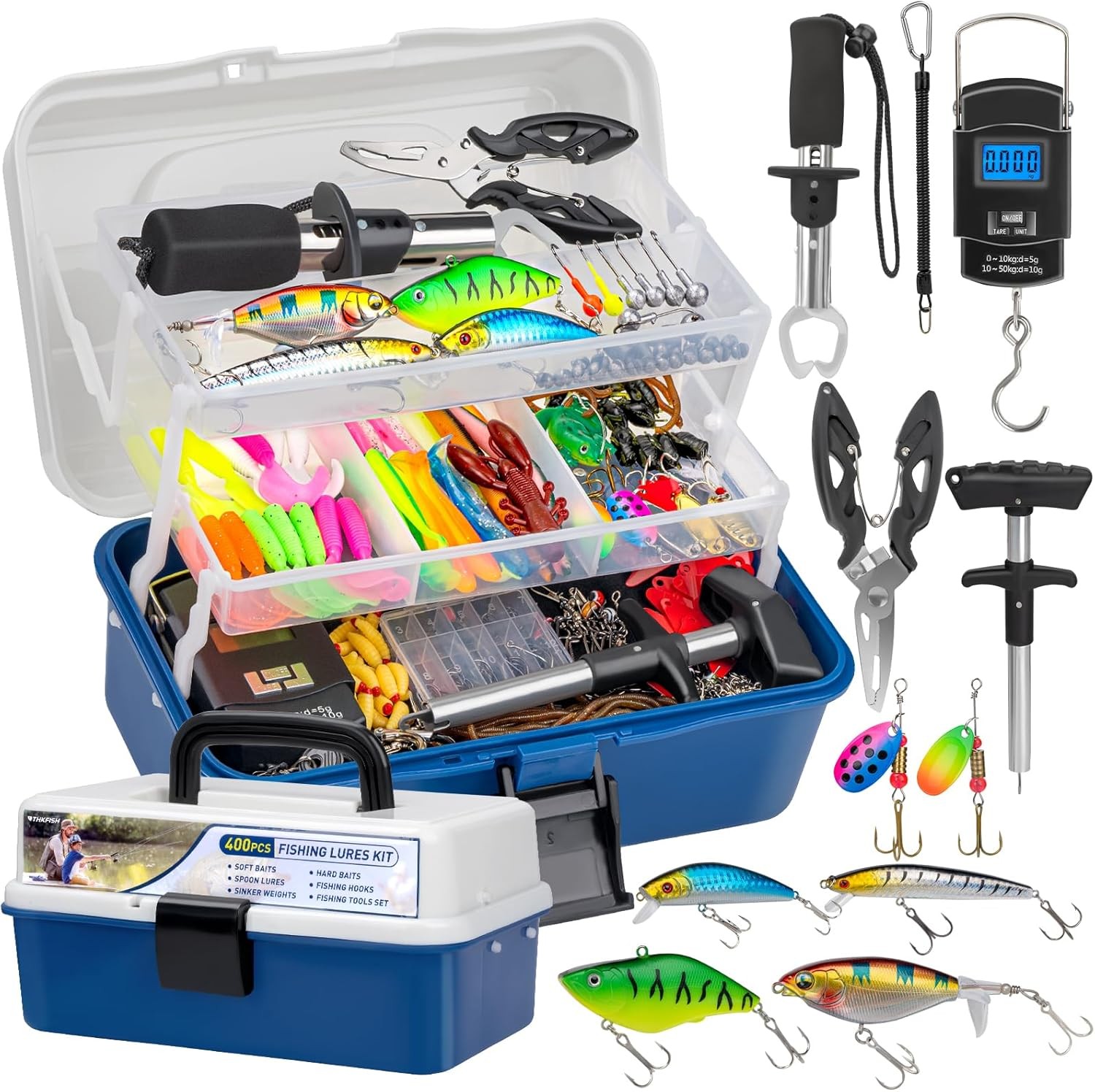 413Pcs Fishing Lures Kit 3 Layers Tackle Box with Tackle Fishing Gear Kit Bass