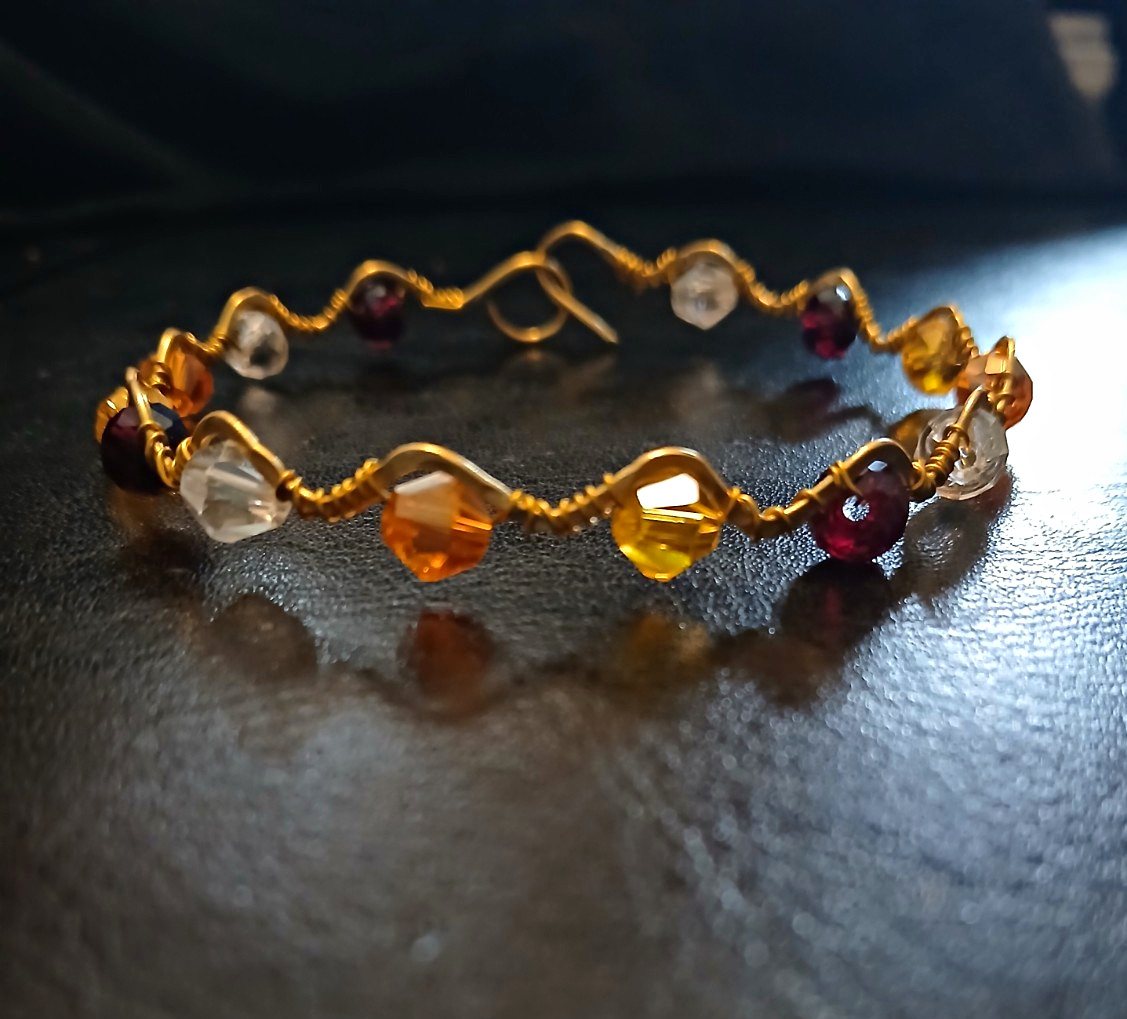 Gold Tone Wire Bangle Bracelet Multicolor Round Crystal Beads, Hook Closure 8in