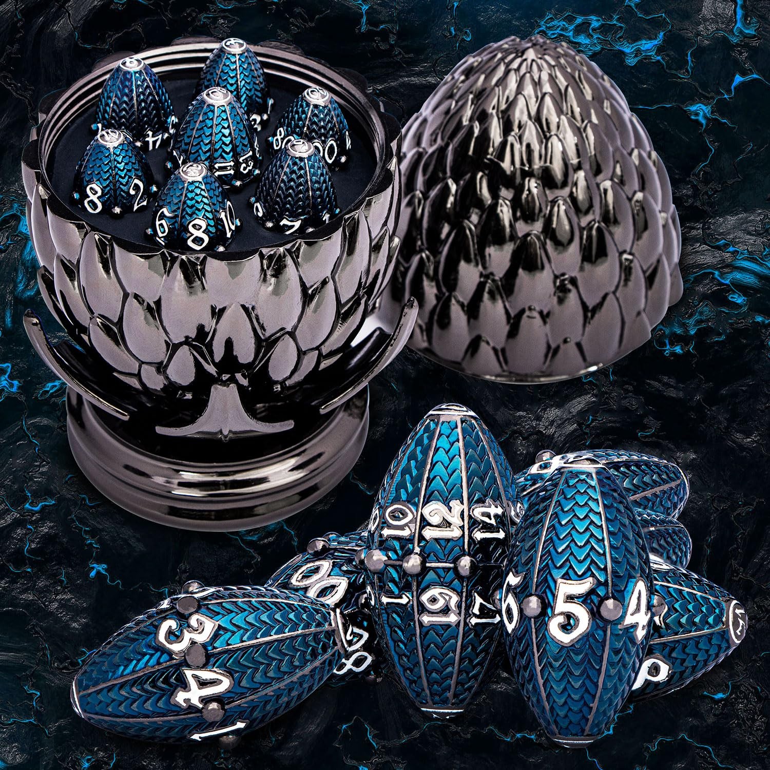ARUOHHA DND Metal Dice Black Blue Dragons Egg Dice with Rotating Dragon Egg S...