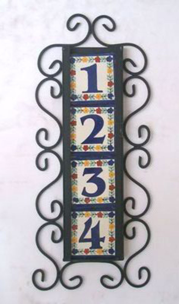 4 Mexican Tiles Talavera House Numbers & Vertical Iron Frame 