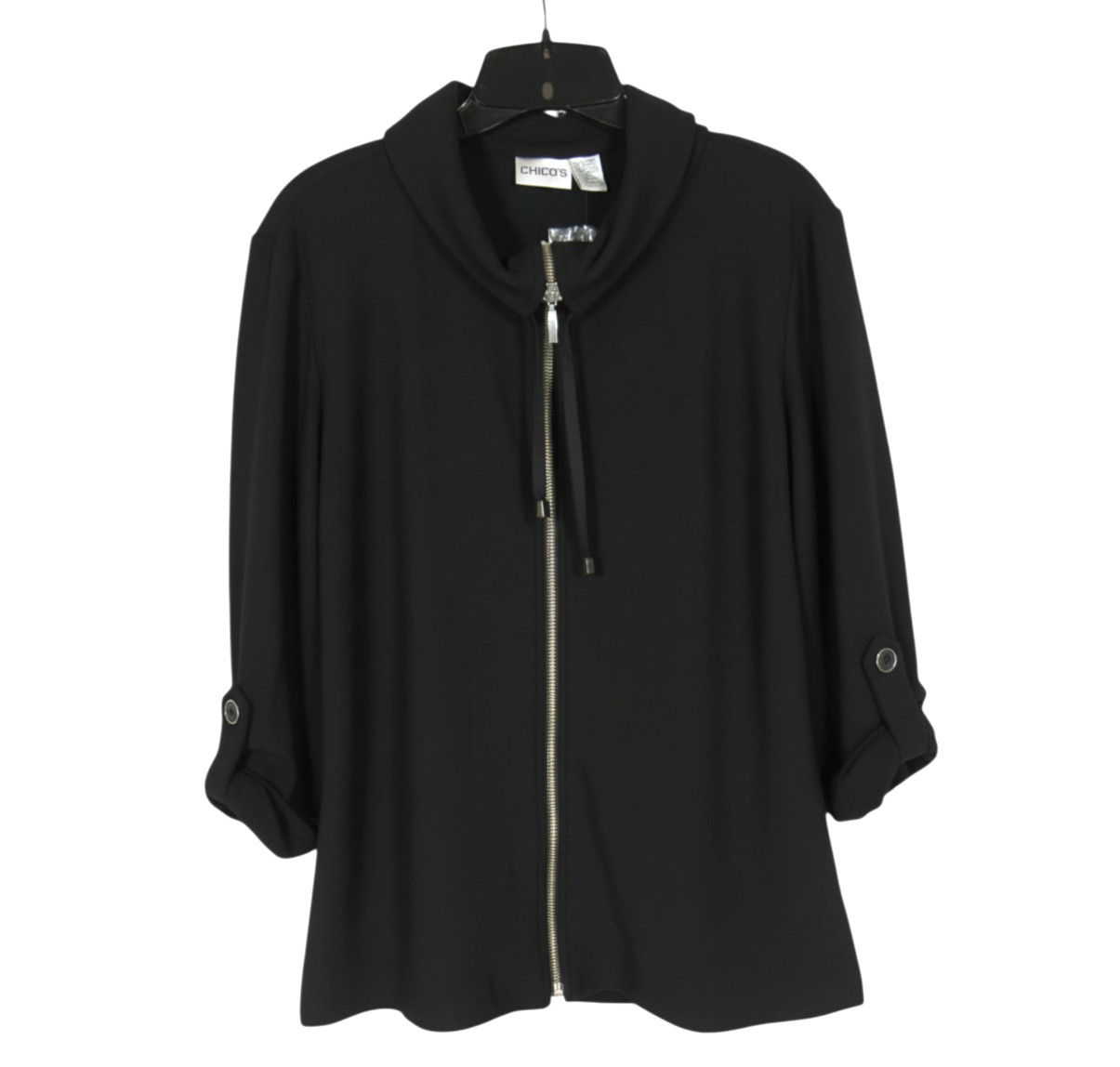 NWT CHICO\'S TRAVELRS COLLECTION Black TEXTURED TAB JACKET Zip MOCK NECK 1/US 8 NWT CHICO\'S TRAVELRS COLLECTION Black TEXTURED TAB JACKET Zip MOCK NECK 1/US 8