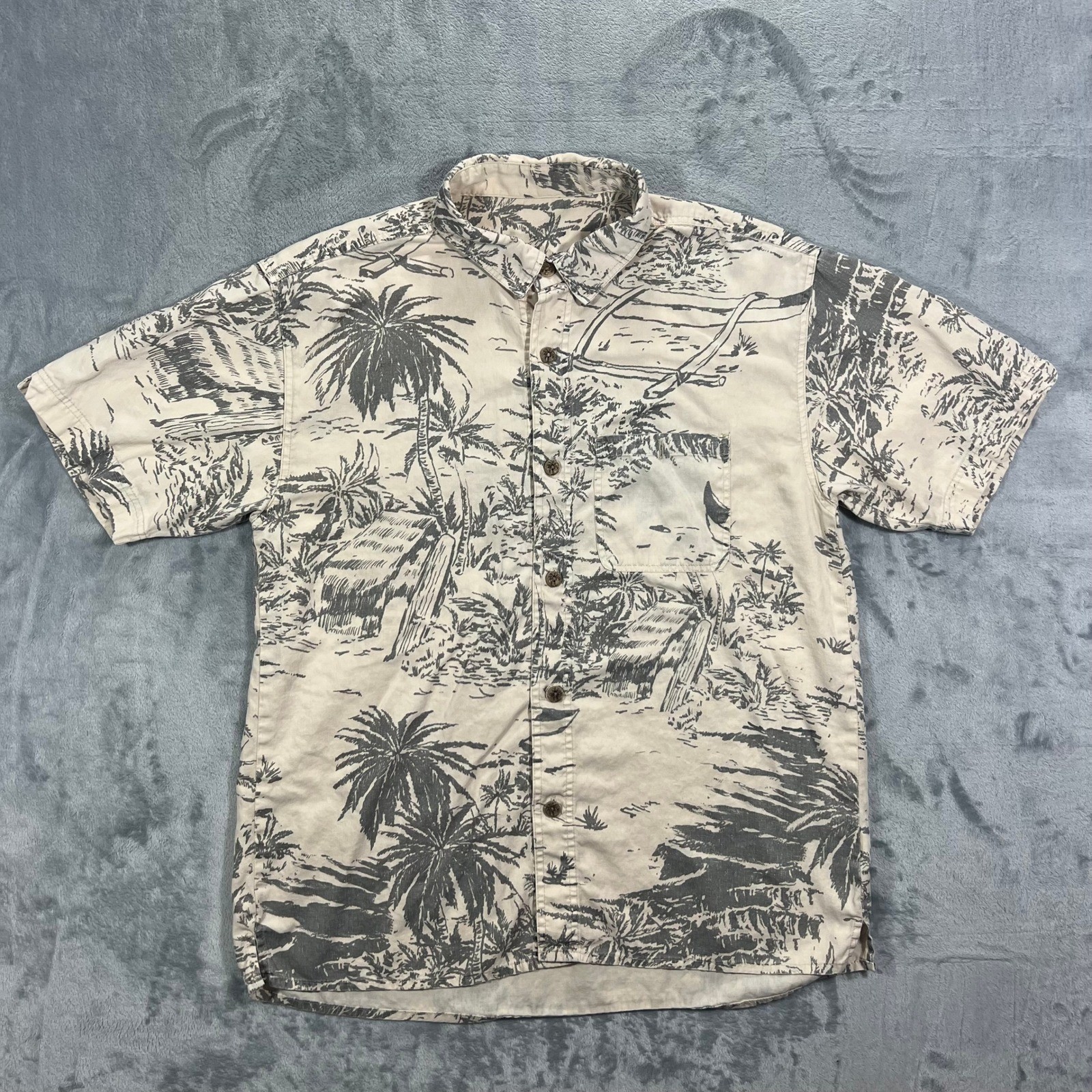 Dash Hemp Blend Tropical Island Print Shirt Mens Large Beige Gray Surf Beach