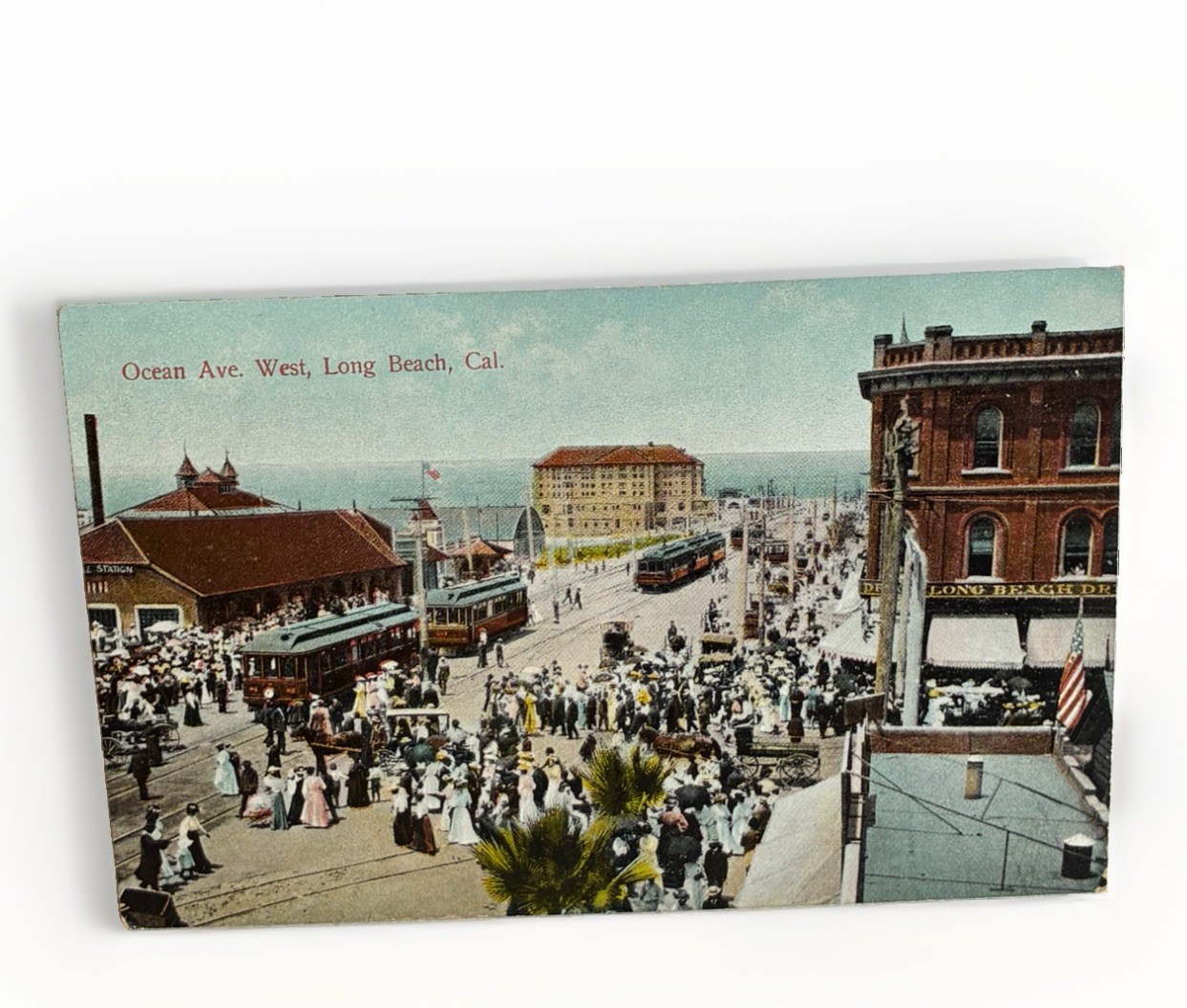 1900s Ocean Ave. West Trolleys Wagons Horses Stores Big Crowd Long Beach CA PC 1900s Ocean Ave. West Trolleys Wagons Horses Stores Big Crowd Long Beach CA PC