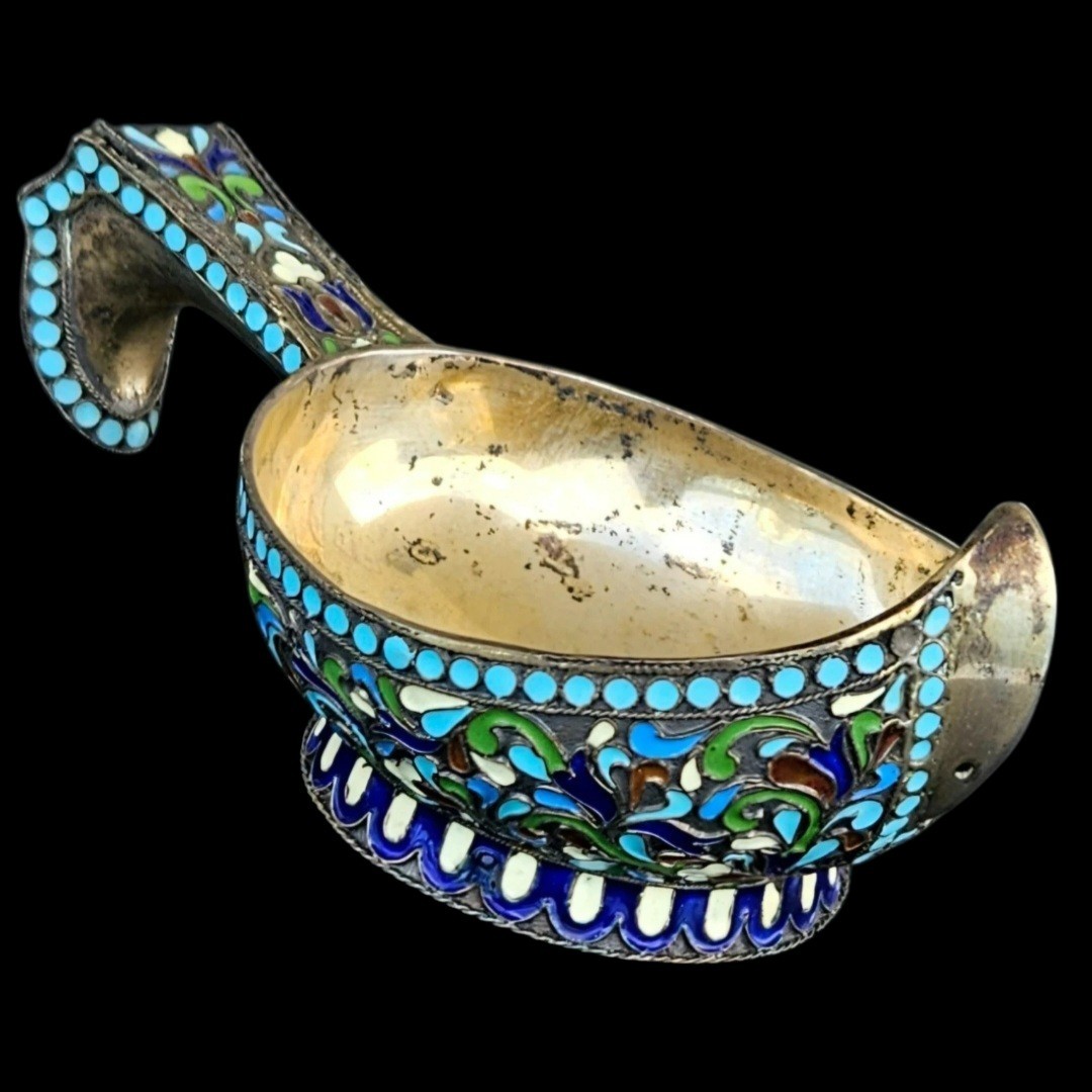 Antique Imperial Russian 88Sterling Silver Cloisonne Enamel Kovsh Nicolay Zverev