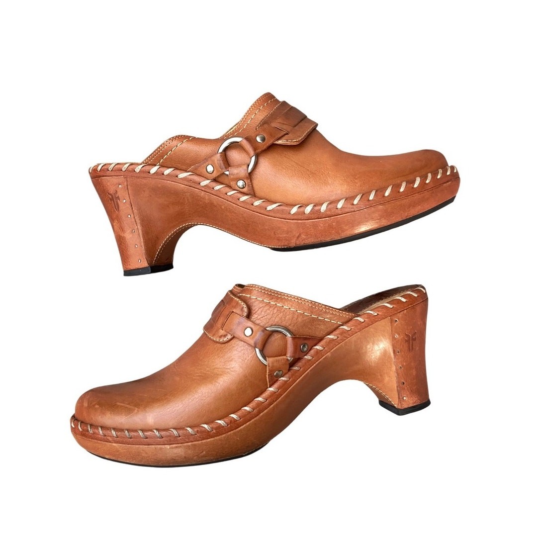 Vintage Frye Charlotte Ring Clogs Womens 10 Cognac Leather Y2K Made Brazil 70771