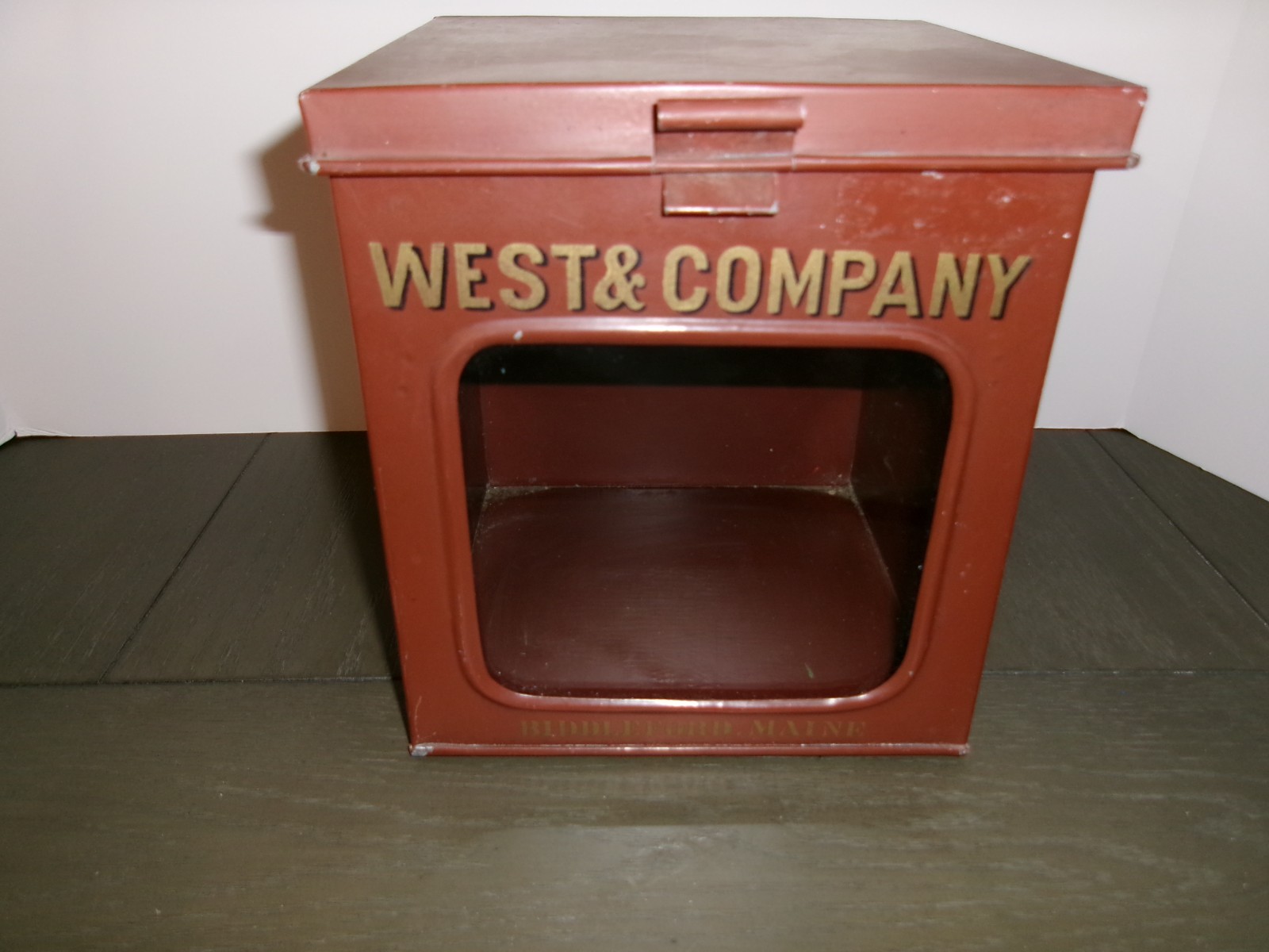 Vintage West & Company Biddeford Maine Metal Glass Store Display Box Bin