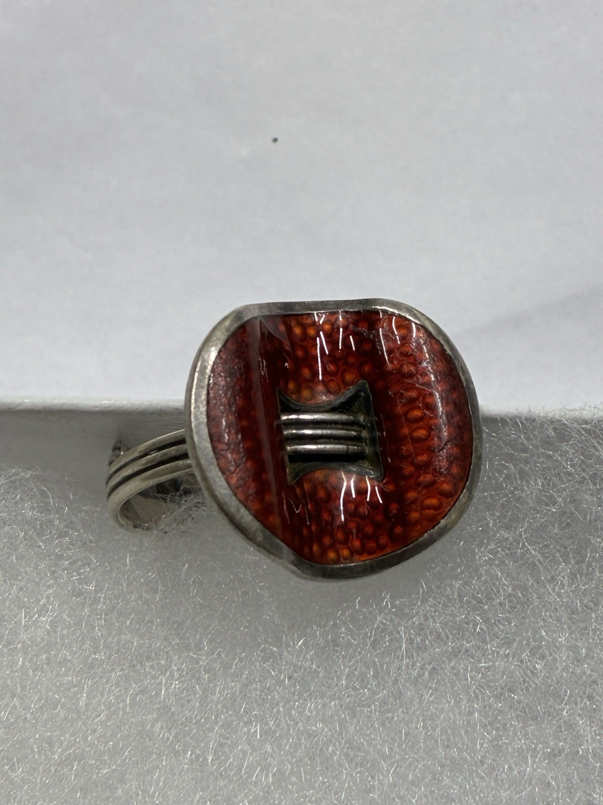 J Tostrup Norway Sterling Red/Orange Guilloché Enamel Adjustable Ring
