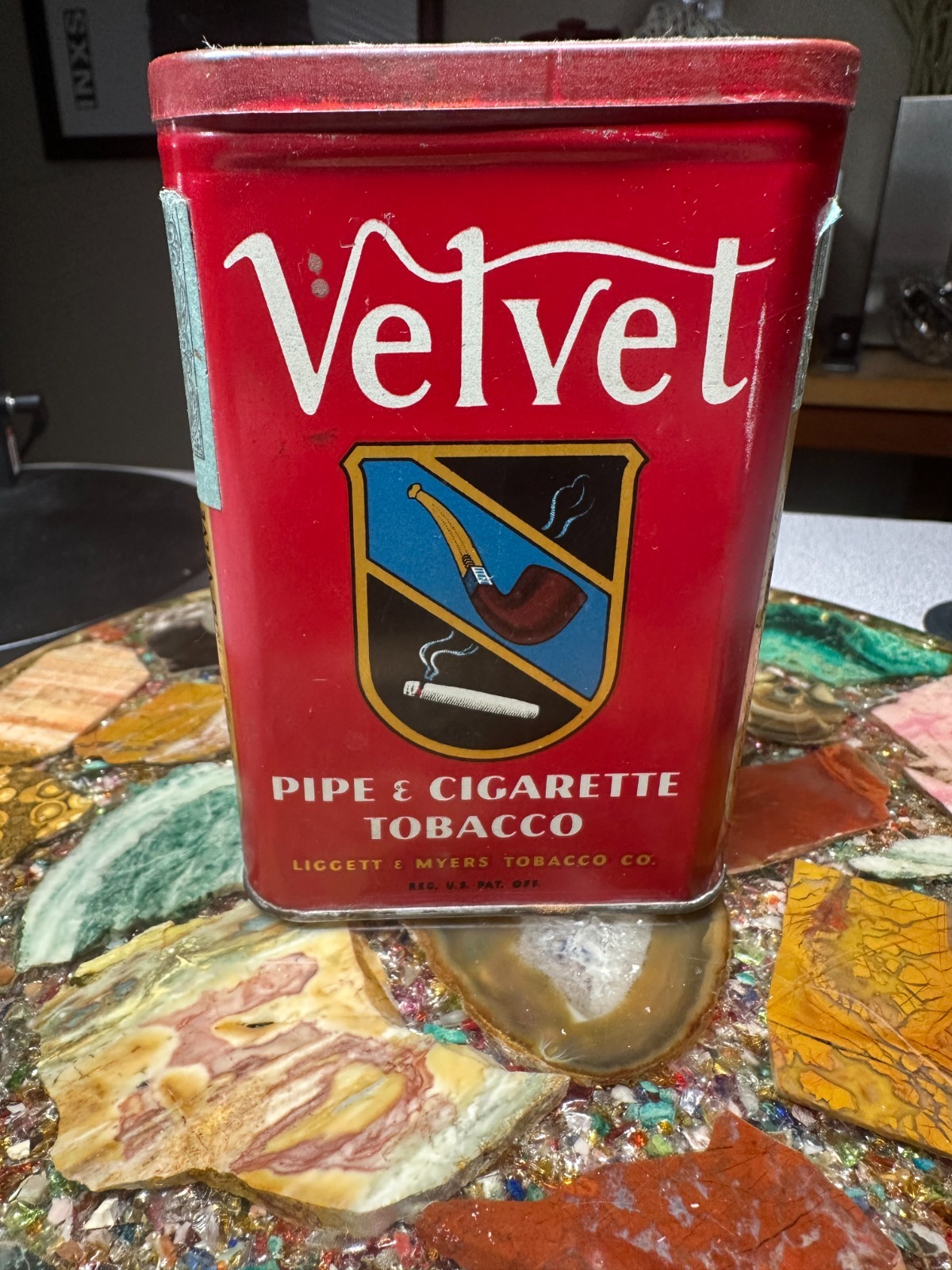 Vintage Velvet Pipe & Cigarette Tobacco Pocket Tin Age Between 1926-1930's VIDEO