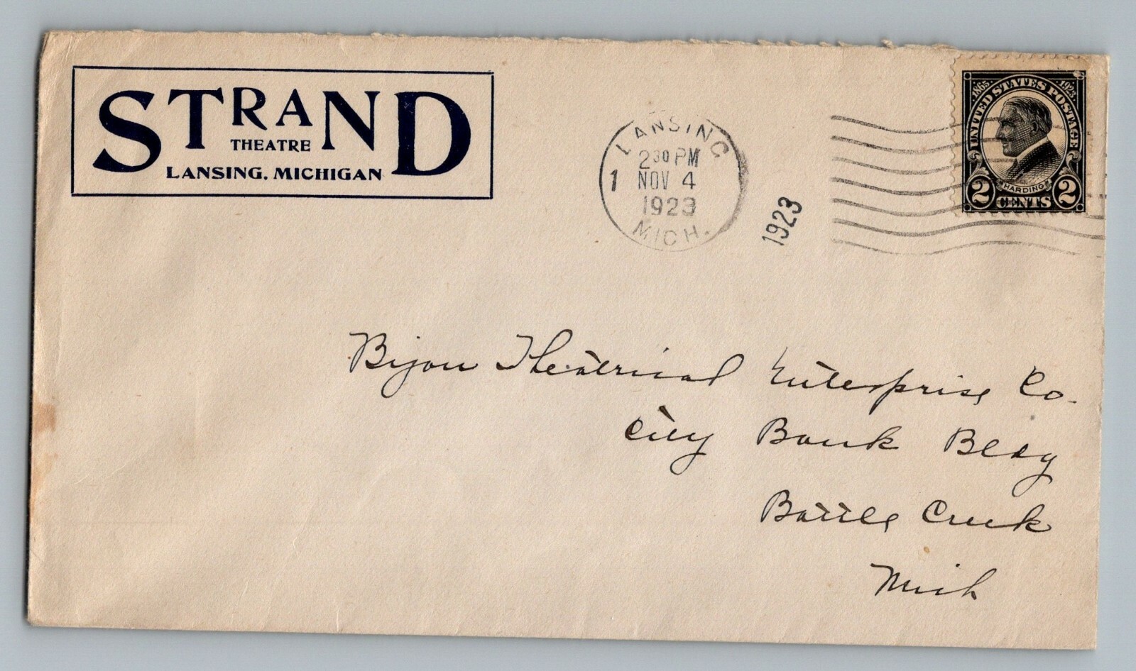 Lansing Michigan MI Strand Theatre 1923 Advertising Corner Card Cover Envelope Lansing Michigan MI Strand Theatre 1923 Advertising Corner Card Cover Envelope