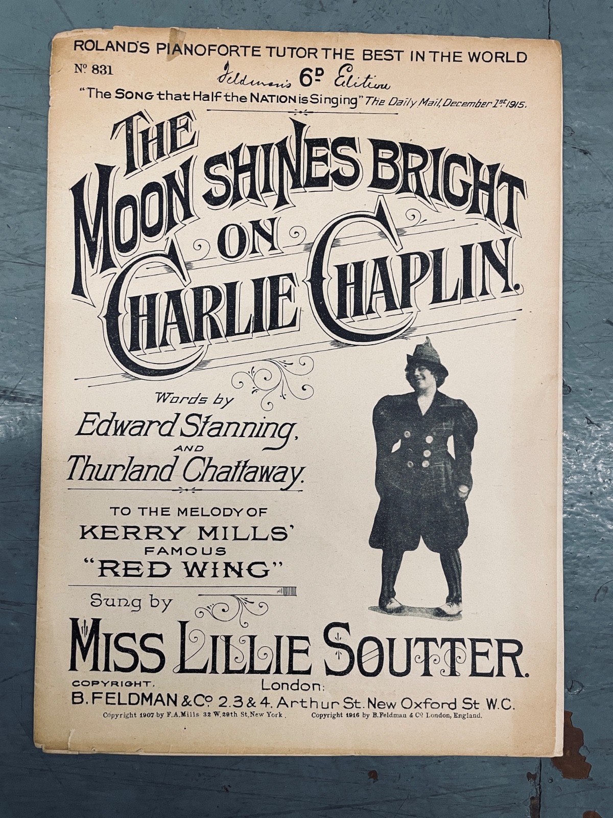 1916 Charlie Chaplin THE MOON SHINES BRIGHT Original WWI Sheet Music Feldman