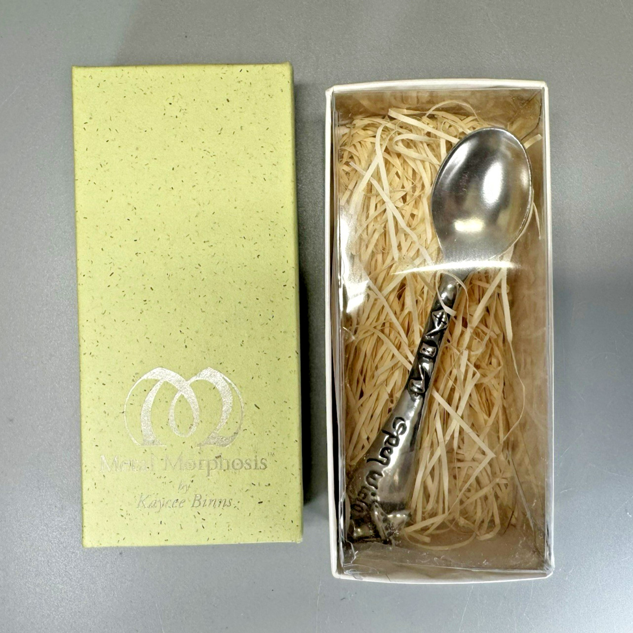 Metal Morphosis by Kaycee Binns Pewter Baby Spoon OPEN WIDE Airplane Box