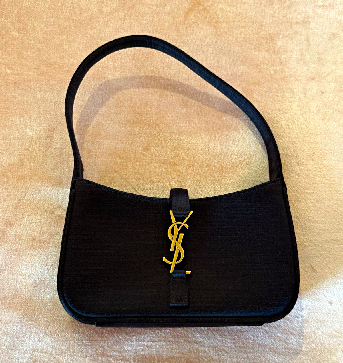 Saint Laurent YSL Le 5 A 7 Mini Hobo Black Satin Gold Logo Shoulder Bag