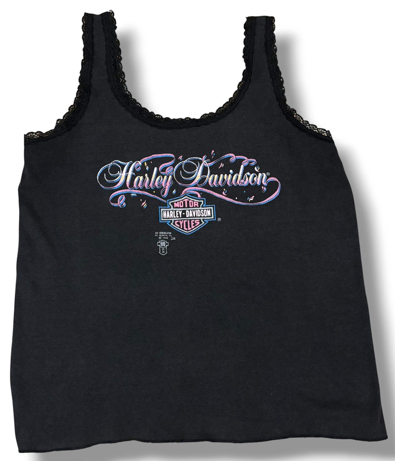 Harley Davidson Vintage 1988 3D Emblem Black Lace Trim Ribbed Tank Top S/M Harley Davidson Vintage 1988 3D Emblem Black Lace Trim Ribbed Tank Top S/M