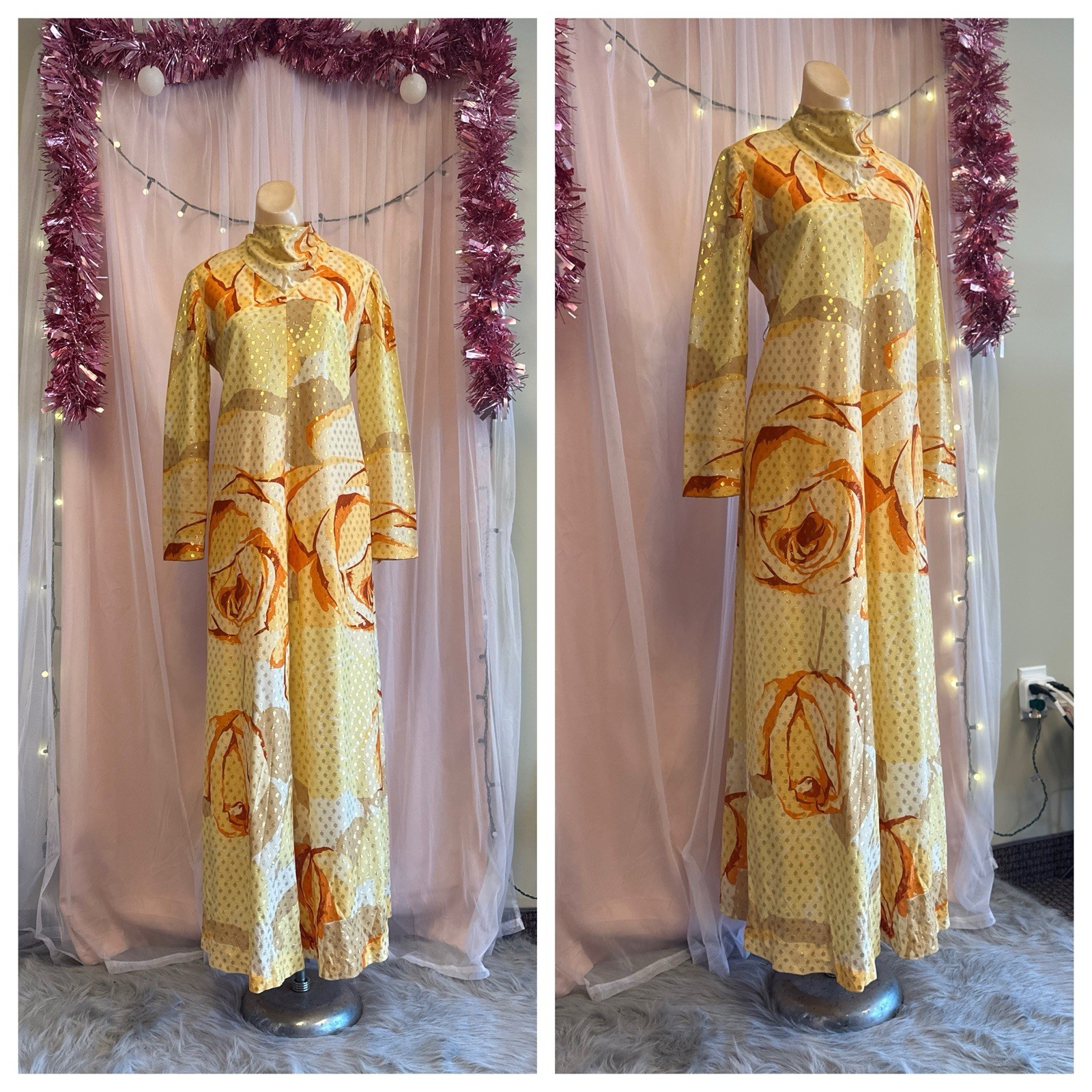 Vintage 60s 70s Maxi Hostess Dress Metallic Lame Leslie Fay Disco Long Sleeves L