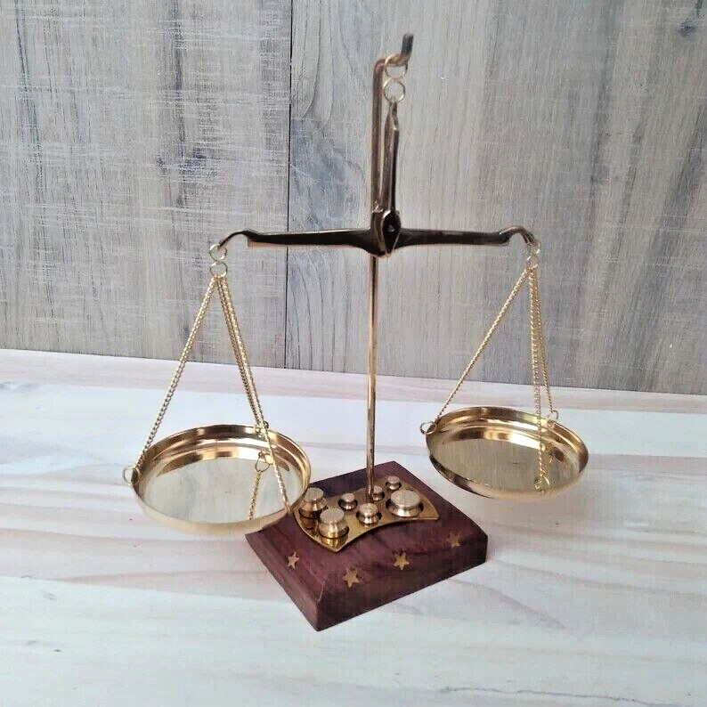 Antique Design Brass Double Arm Apothecary Balance Scales with 7 Weights 21 cm