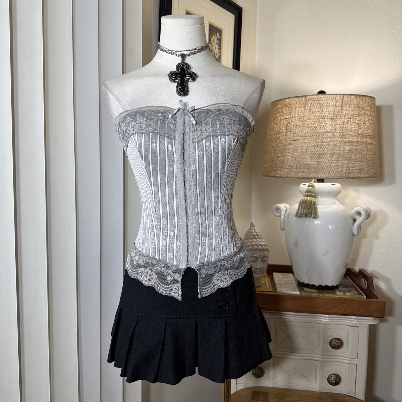 Y2K Sophie B Coquette Cottage Core Striped Corset With Lace Trim