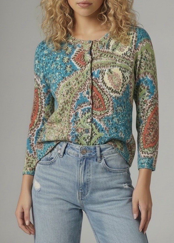 NWT Talbots Women’s Size PS Blue Green Coral Paisley Cotton Blend Cardigan NWT Talbots Women’s Size PS Blue Green Coral Paisley Cotton Blend Cardigan