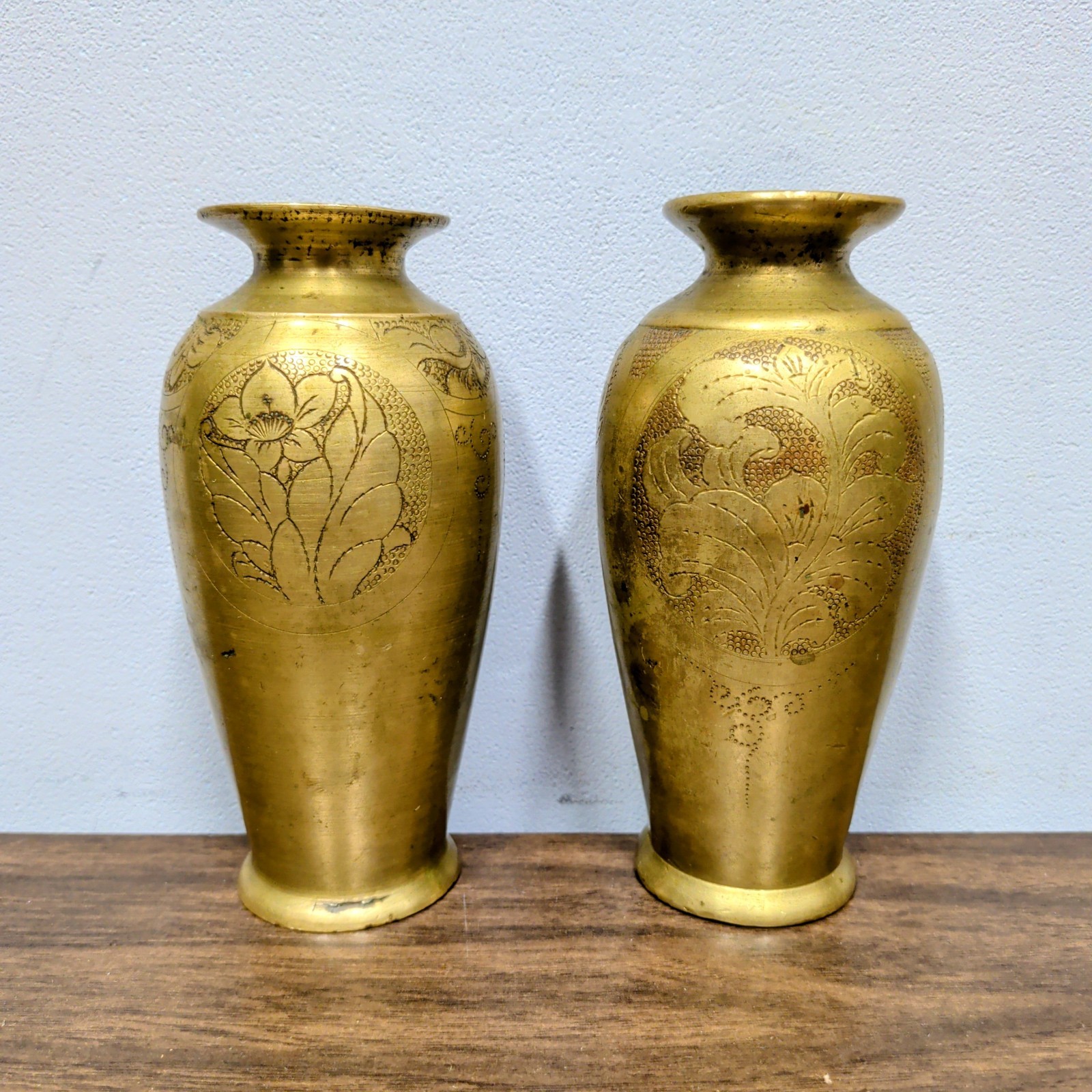 Antique Japanese Pair of Bronze Brass Vases Meiji Carved Flower Bird Coin Bottom