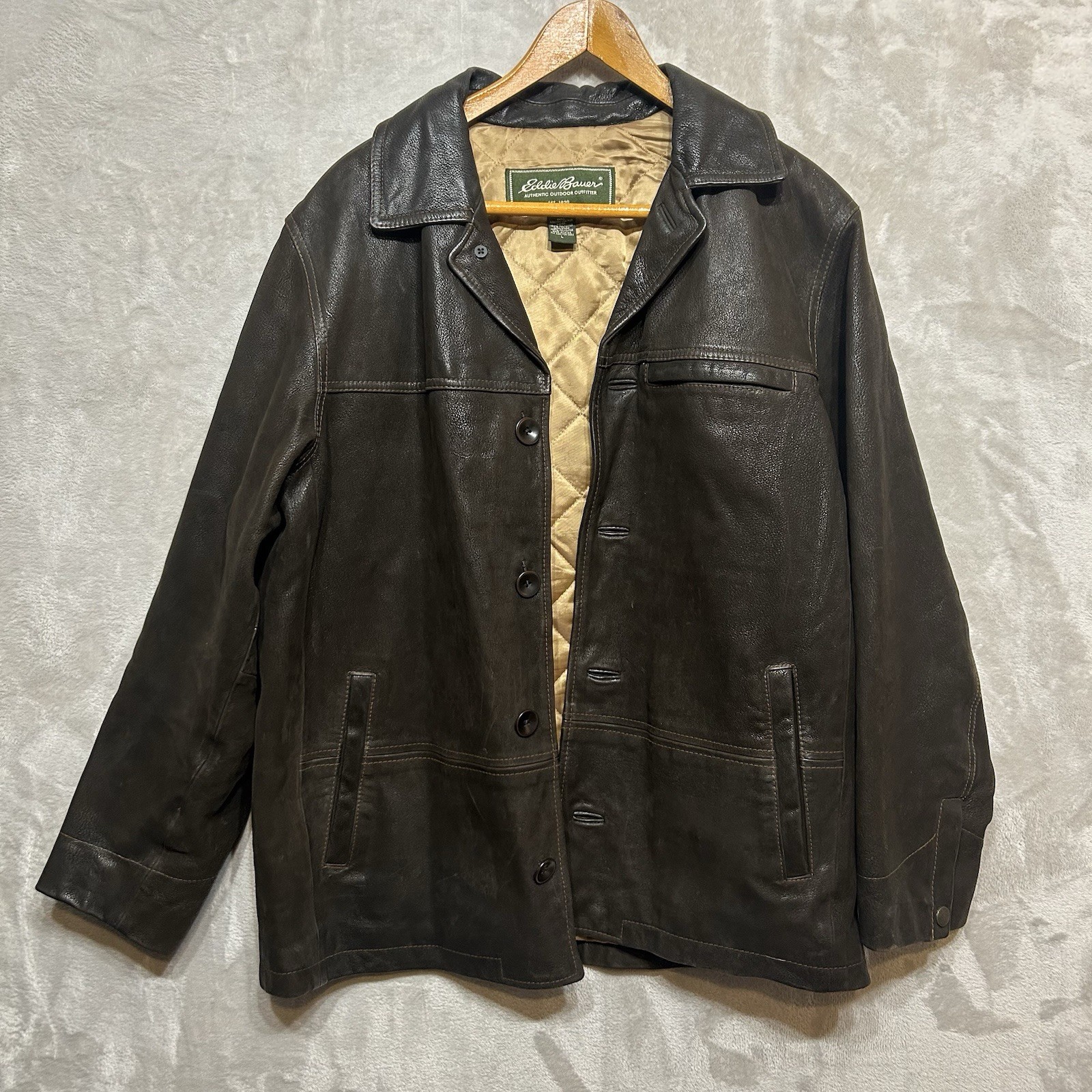 Vintage Eddie Bauer Coat Men\'s L Dark Brown Leather Insulated Campus Y2K 90s