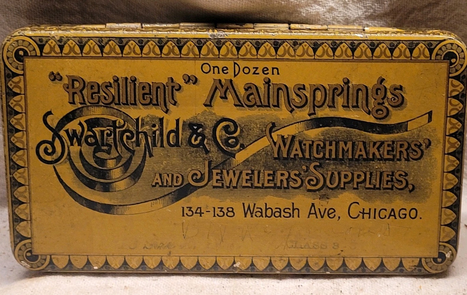 Antique Swartchild & Co. CHICAGO Hinged NICE GRAPHICS Watch & Jeweler Supply Tin