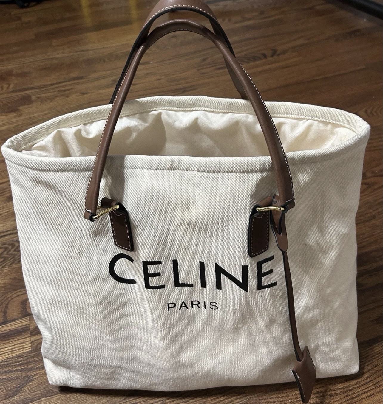 Celine Canvas Horizontal Cabas White Brown Large Capacity Tote Women\'s Celine Canvas Horizontal Cabas White Brown Large Capacity Tote Women\'s