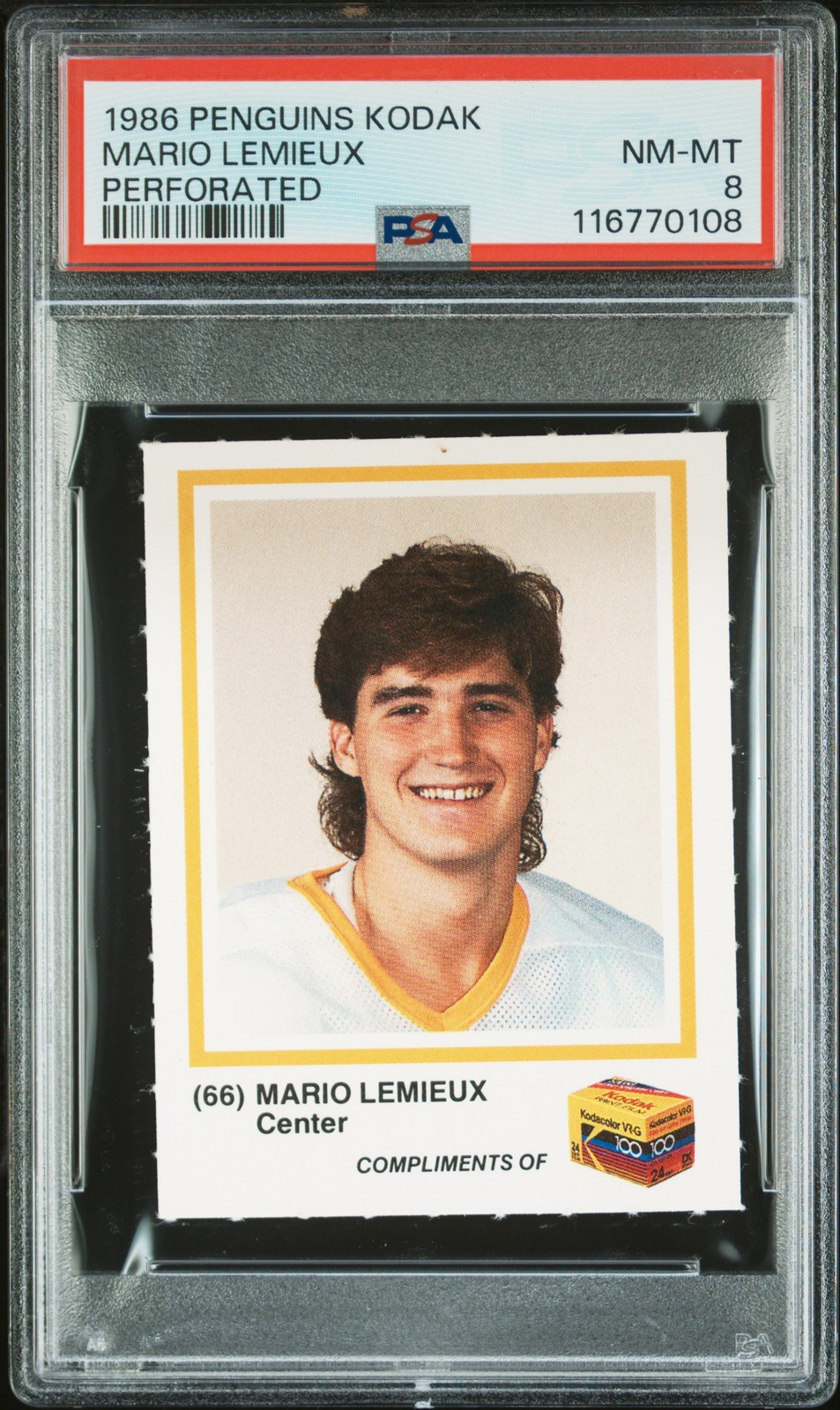1986 Penguins Kodak # Mario Lemieux Perforated (PSA 8) 1986 Penguins Kodak # Mario Lemieux Perforated (PSA 8)