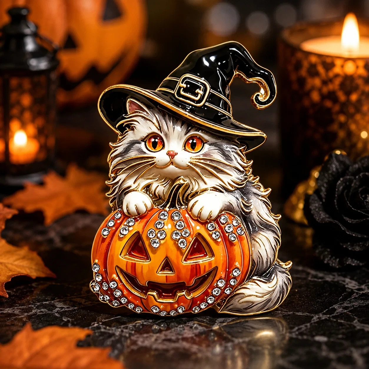 Vintage Halloween Witch Cat Pumpkin Brooch Pin Gold Crystal Rhinestone Jewelry G Vintage Halloween Witch Cat Pumpkin Brooch Pin Gold Crystal Rhinestone Jewelry G