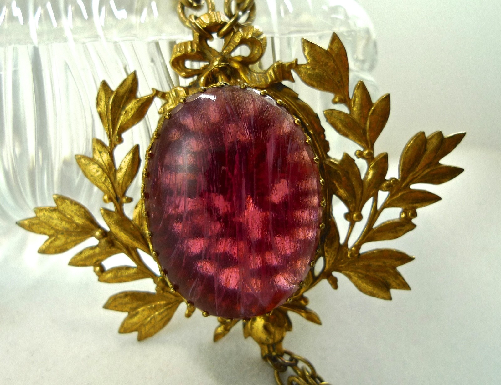 Vintage Signed Miriam Haskell Necklace Large Pink Stone Gilded Brass Leaves 